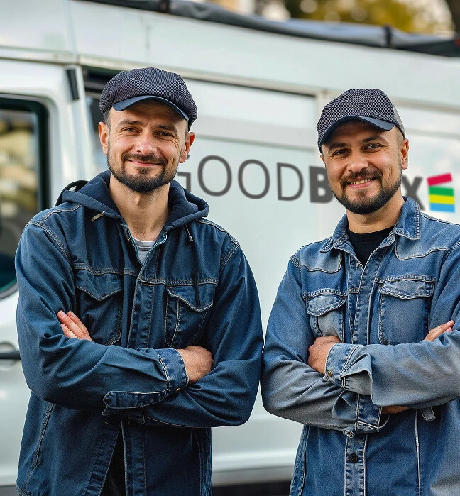 Zwei Männer in Jeansjacken und Mütze stehen mit verschränkten Armen vor einem weißen Van und lächeln.