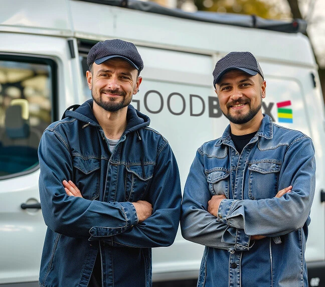 Zwei Männer in Jeansjacken und Mütze stehen mit verschränkten Armen vor einem weißen Van und lächeln.